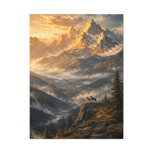 Golden Mountain Valley Wolf Pair Landscape Wall Art & Canvas Print
