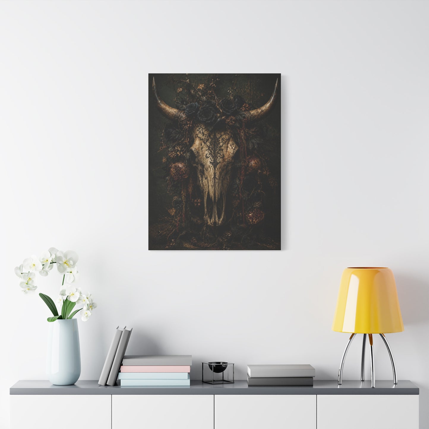 Dark Floral Longhorn Skull Statement Wall Art & Canvas Print