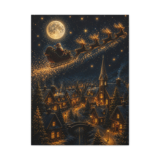 Moonlit Santa Sleigh Over Winter Village Wall Art & Canvas Print