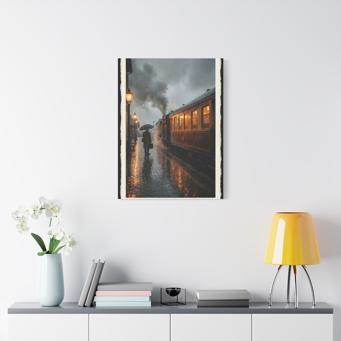 Rainy Train Platform Nostalgia Scene Wall Art & Canvas Print