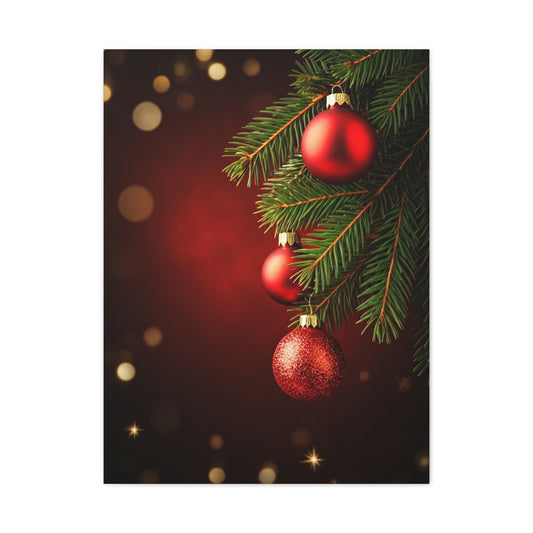 Red Christmas Tree Ornaments on Pine Branch Wall Art & Canvas Print