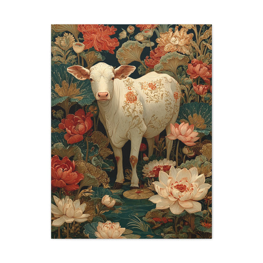 Pichwai White Cow Lotus Garden Wall Art & Canvas Print