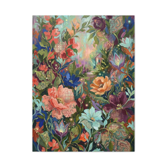 Enchanted Floral Garden & Fireflies Wall Art & Canvas Print