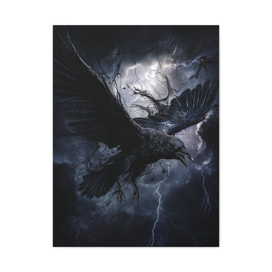 Raven Flying Through Storm Lightning Wall Art & Canvas Print
