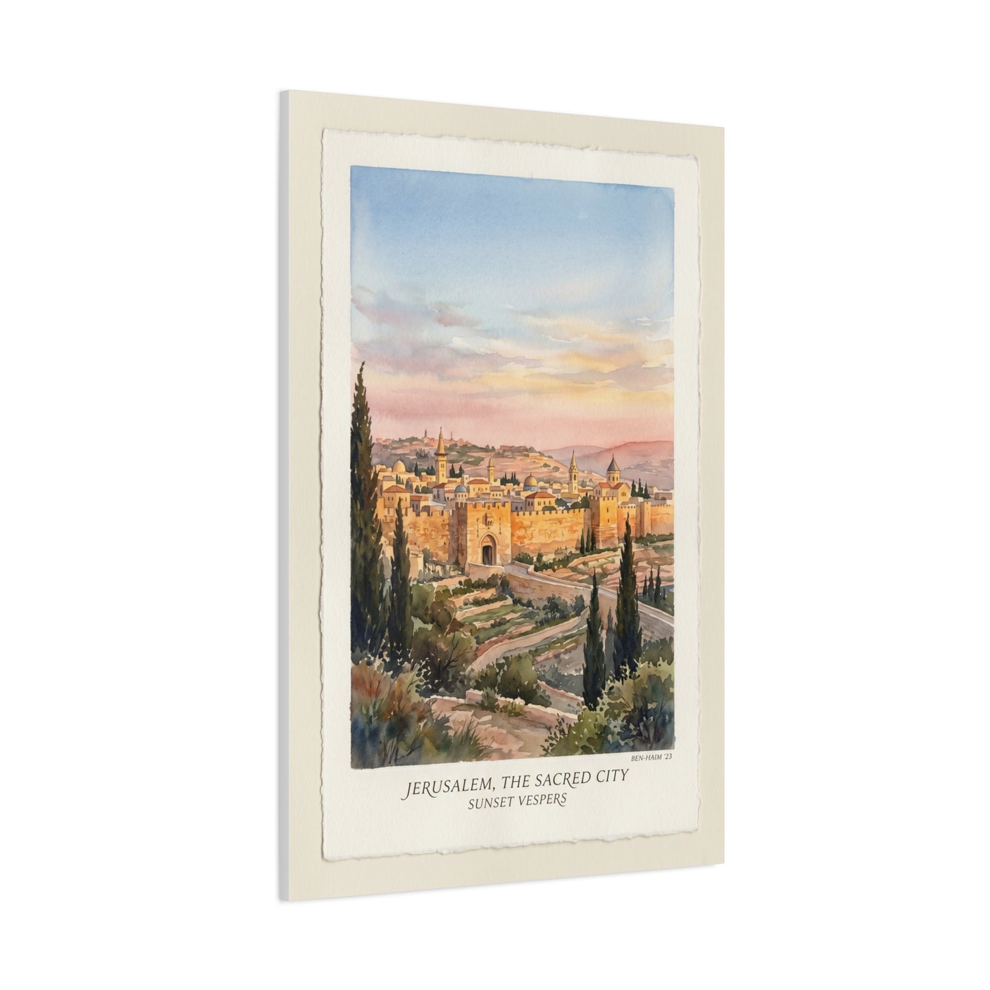 Jerusalem Sunset Watercolor Landscape Wall Art & Canvas Print