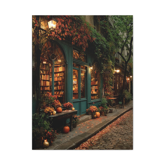 Autumn Bookshop Street Scene Wall Art & Canvas Print