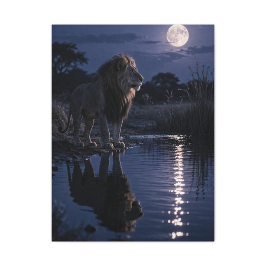 Lion by Moonlit Water Reflection Wall Art & Canvas Print