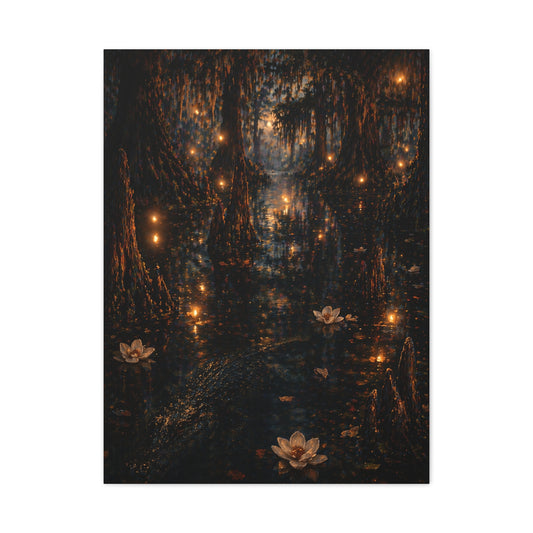Moonlit Bayou Firefly Scene Wall Art & Canvas Print