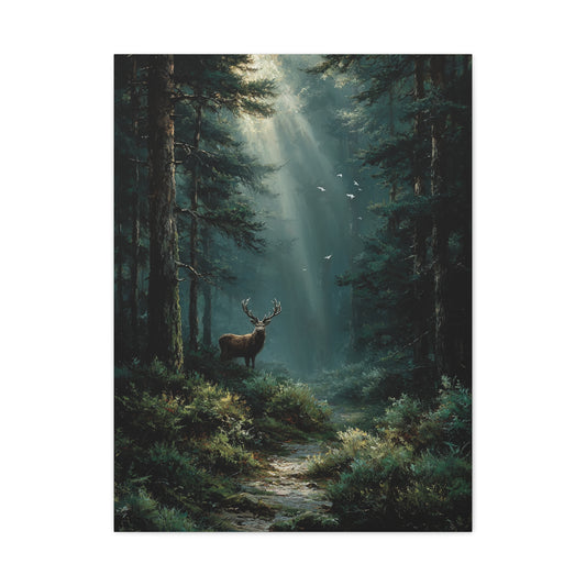 Sunlit Evergreen Forest Stag Wall Art & Canvas Print