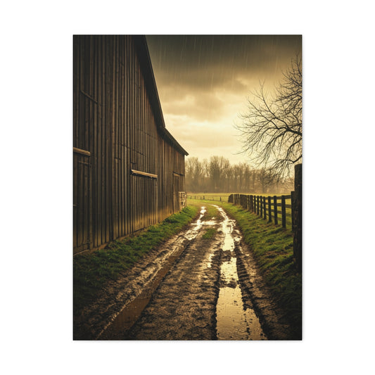 Rain-Soaked Farm Road Beside the Barn Wall Art & Canvas Prints