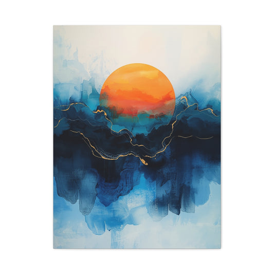Orange Sun Over Indigo Waves Abstract Wall Art & Canvas Print
