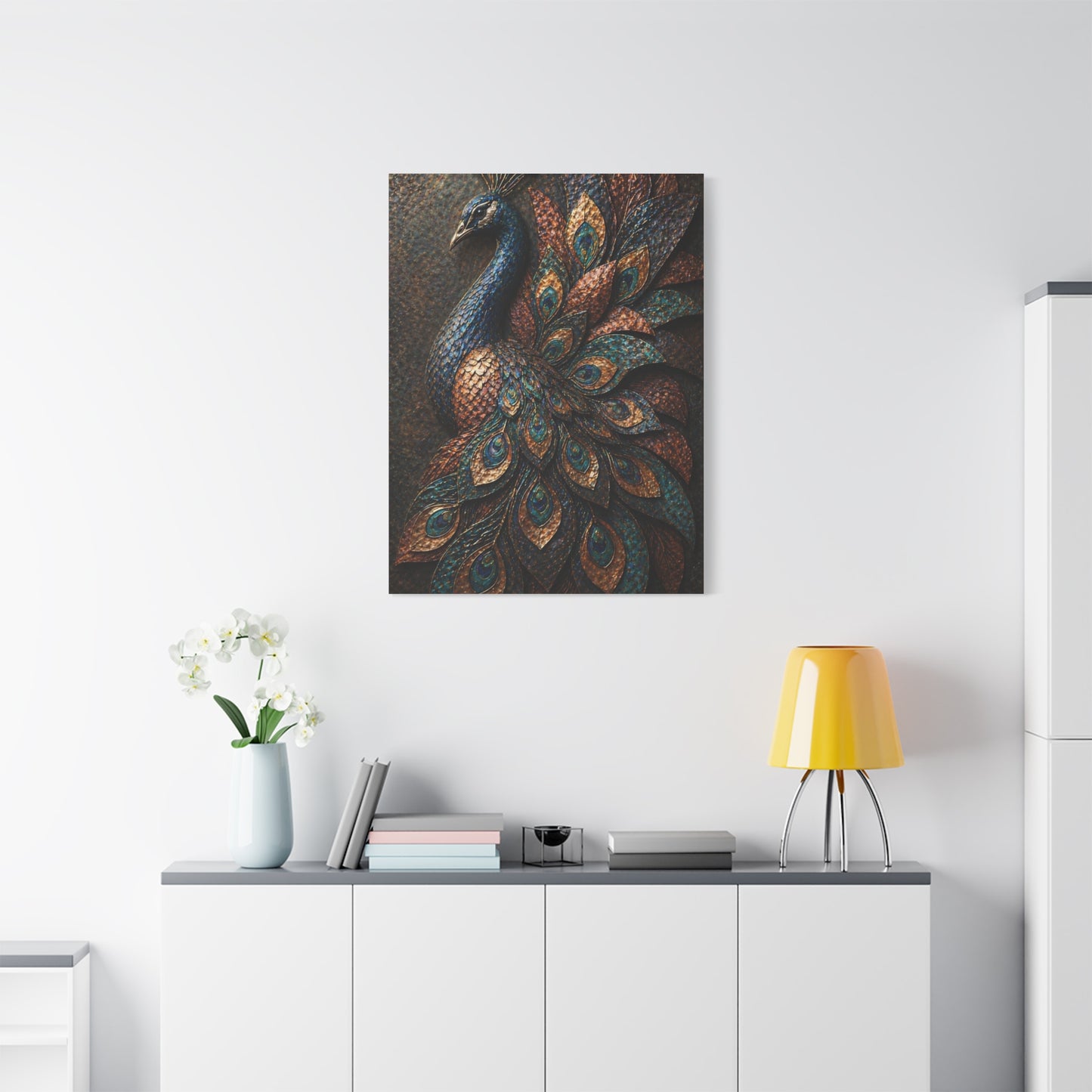 Sculptural Metal Peacock Relief Wall Art & Canvas Print