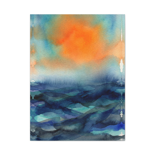 Abstract Orange Sky Over Watercolor Landscape Wall Art & Canvas Print