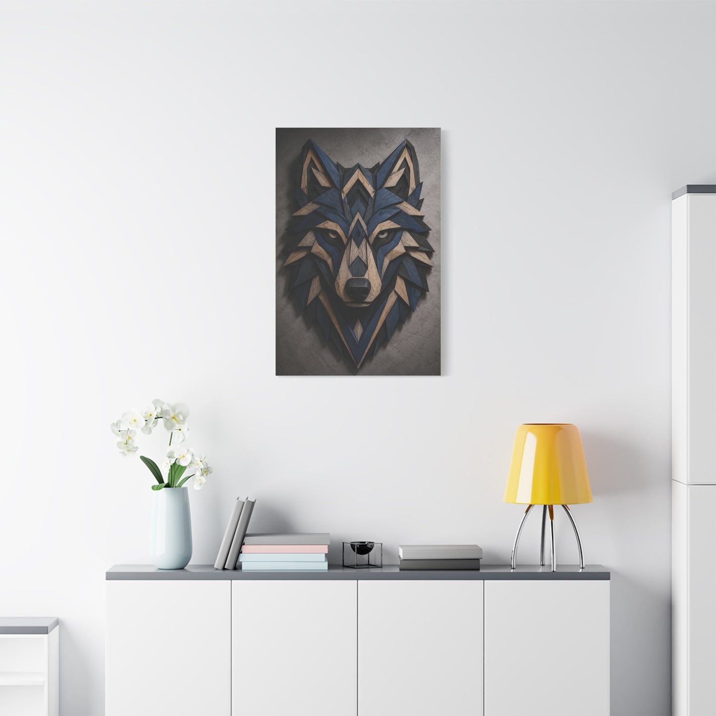 Layered Blue Geometric Wolf Head Sculpture Wall Art & Canvas Print