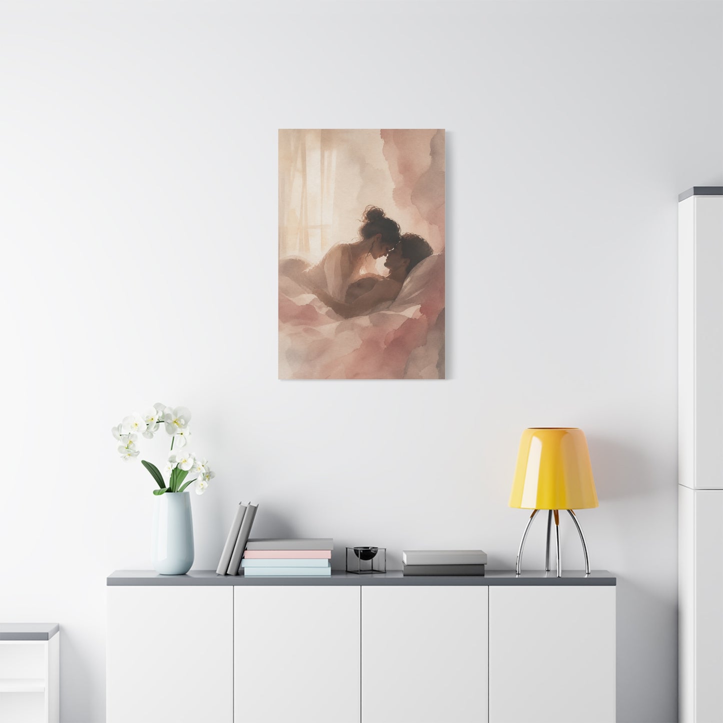 Soft Watercolor Lovers Sunrise Embrace Wall Art & Canvas Print