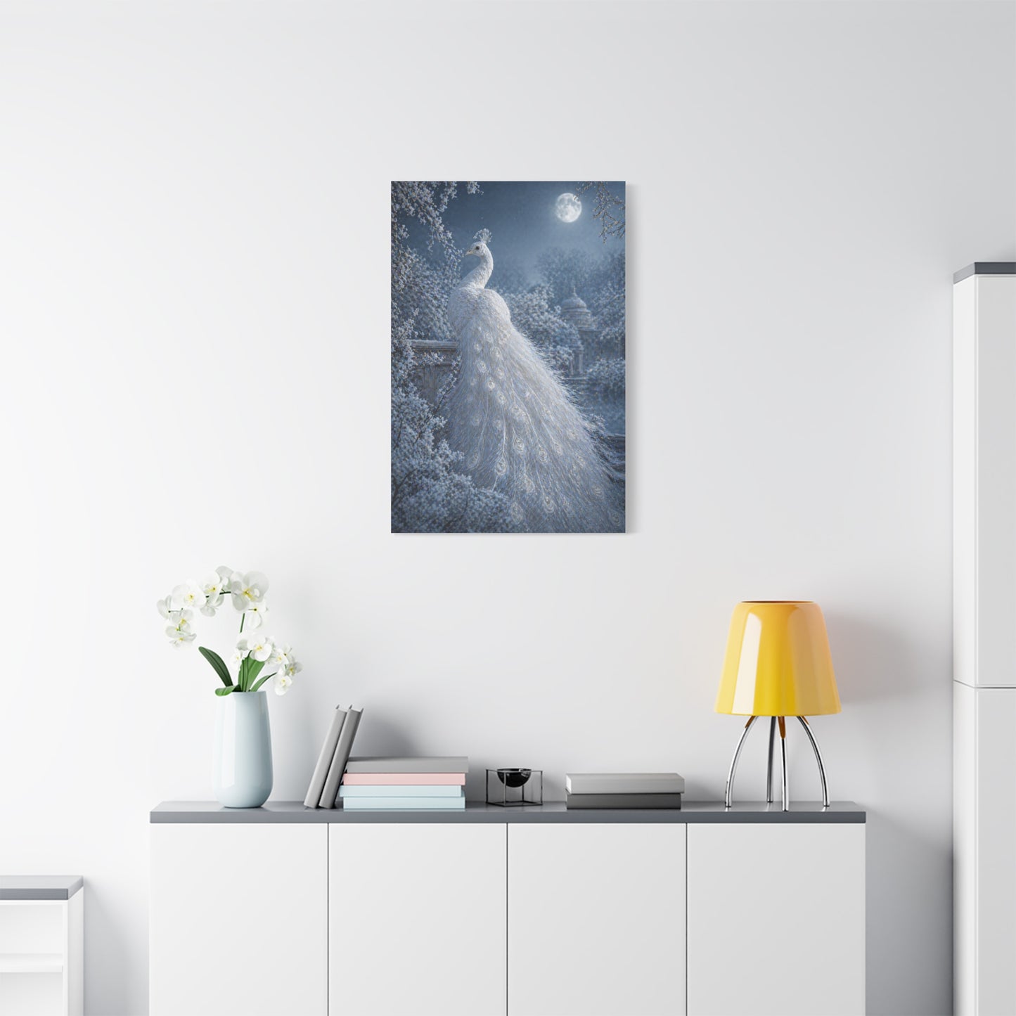 Snowy Moonlit White Peacock Wall Art & Canvas Print