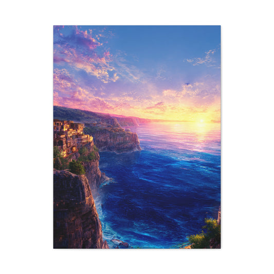 Coastal Village Cliffs at Golden Sunset Wall Art & Canvas Print