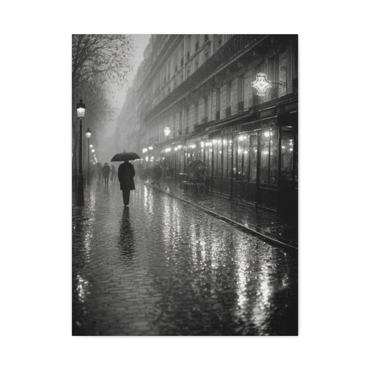 Rainy Paris Street Monochrome Wall Art & Canvas Print