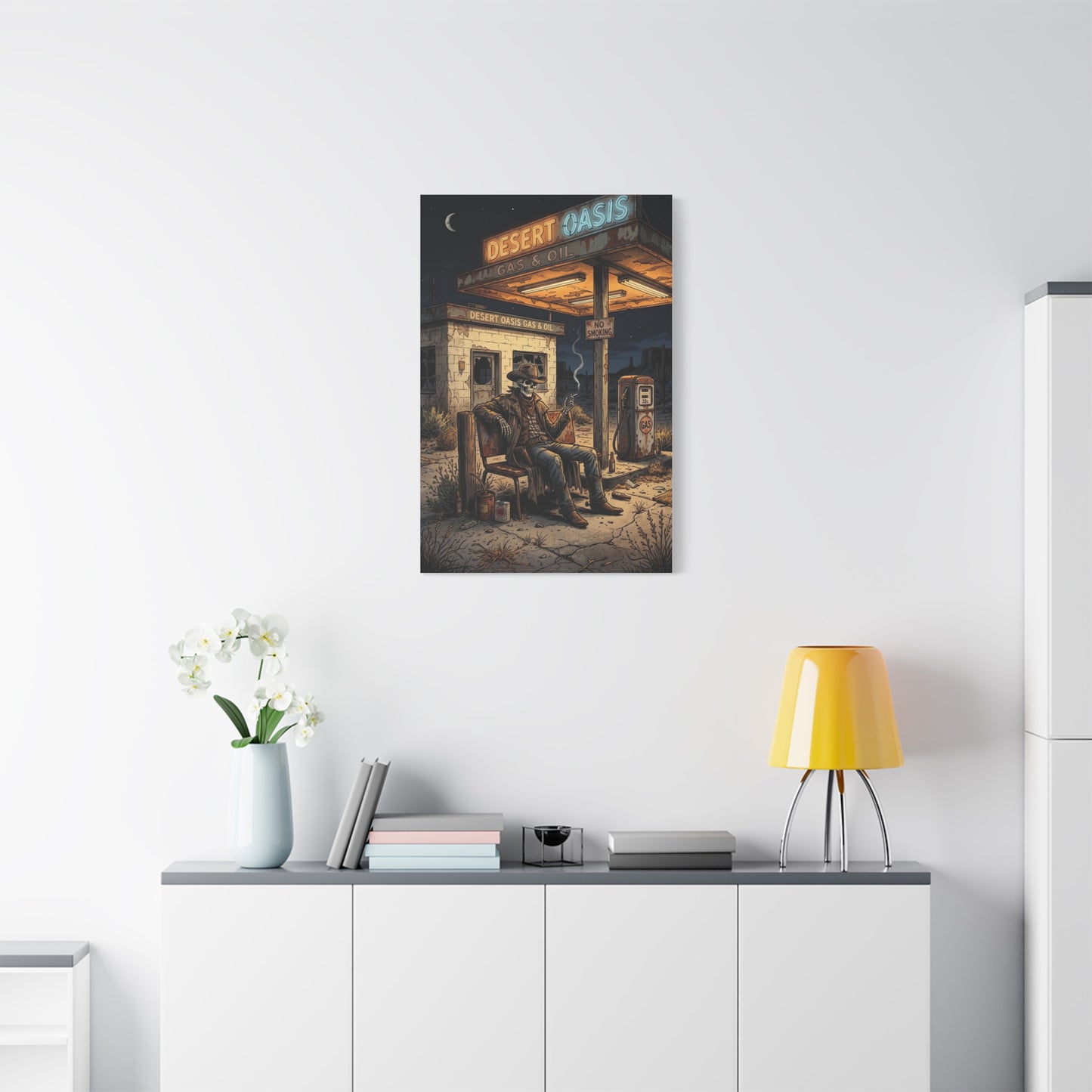 Desert Oasis Skeleton Cowboy Scene Wall Art & Canvas Print