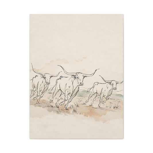 Running Longhorn Line Sketch Panorama Wall Art & Canvas Print