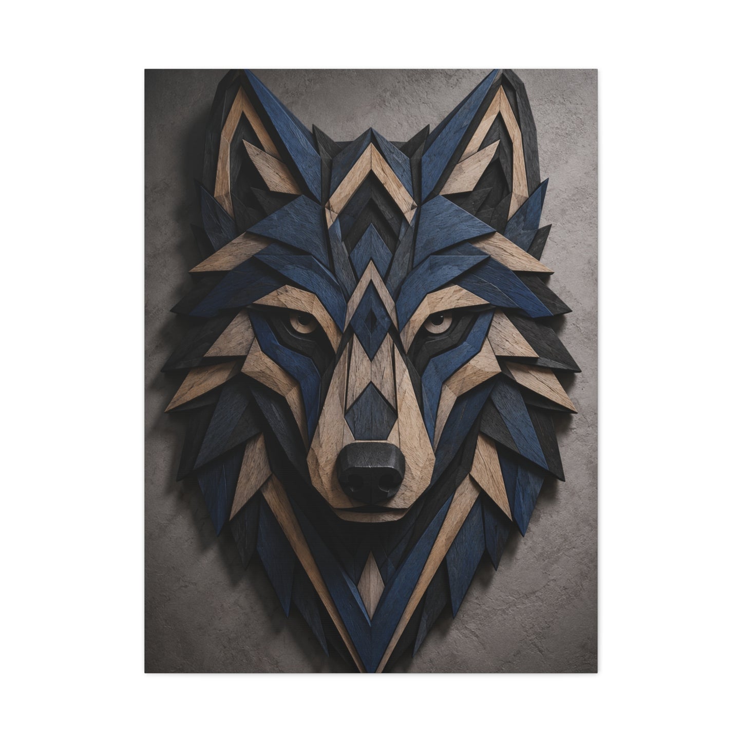 Layered Blue Geometric Wolf Head Sculpture Wall Art & Canvas Print