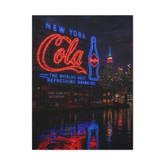Neon Waterfront Skyline Cola Sign Wall Art & Canvas Print