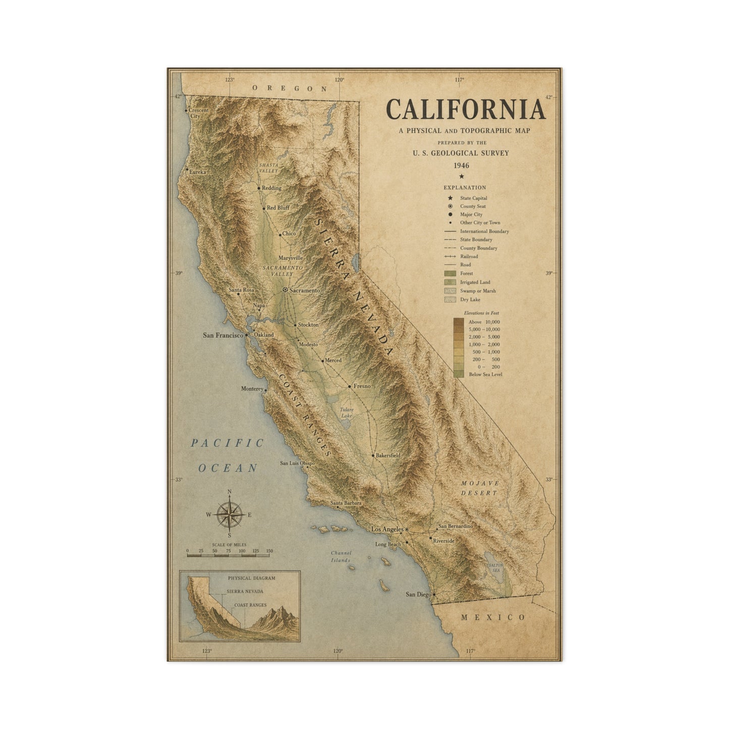 Vintage California Topographic Map Wall Art & Canvas Print