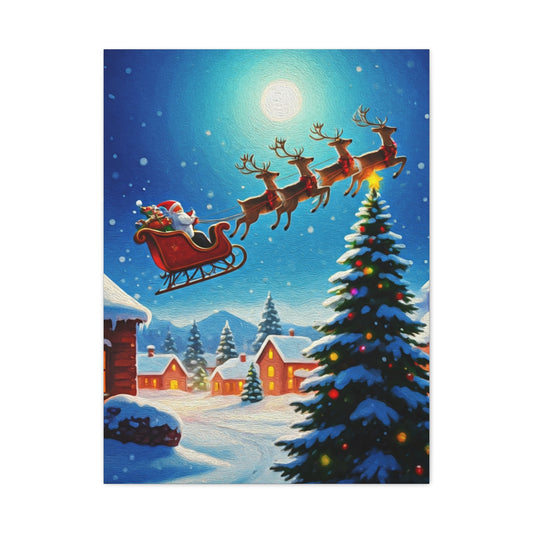 Santa Sleigh Flying Over Snowy Christmas Village Wall Art & Canvas Print