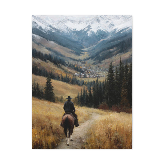 Cowboy Riding Toward a Hidden Mountain Valley Wall Art & Canvas Print