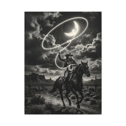 Moon Lasso Cowgirl Night Scene Wall Art & Canvas Print