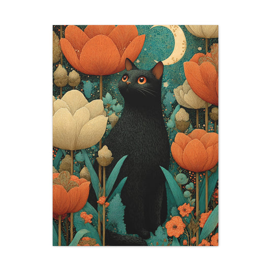 Folk Black Cat Garden Wall Art & Canvas Print