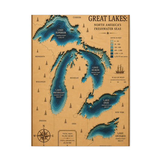 Great Lakes Bathymetric Chart Wall Art & Canvas Print