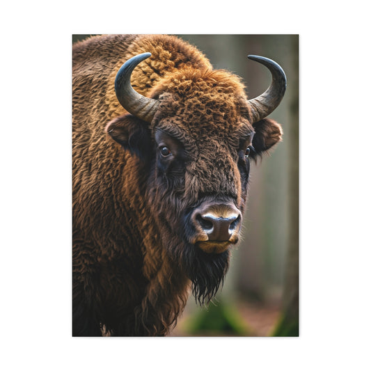 Wood Bison Close-Up with Soft Forest Backdrop Wall Art & Canvas Print