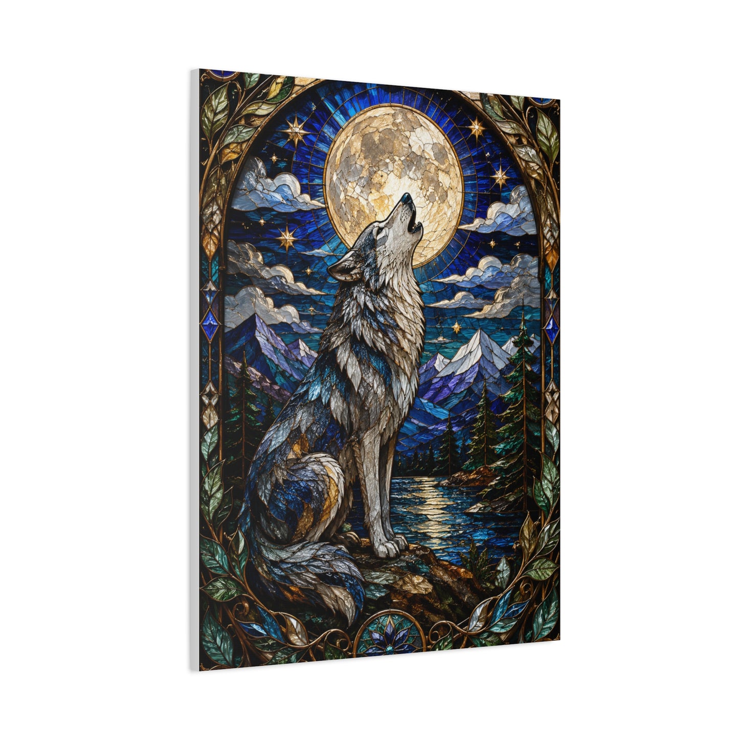 Stained Glass Moonlit Wolf Landscape Wall Art & Canvas Print