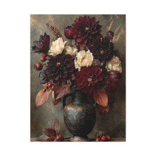 Burgundy Dahlia Autumn Floral Still Life Wall Art & Canvas Print