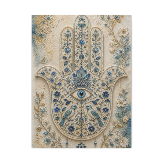 Blue Floral Hamsa Sacred Symbol Wall Art & Canvas Print