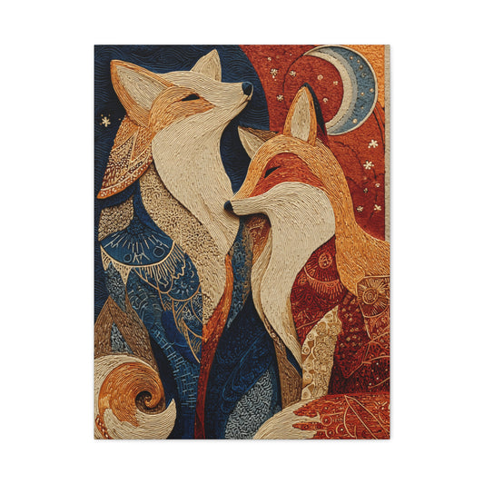 Folk Twin Foxes Celestial Linocut Wall Art & Canvas Print