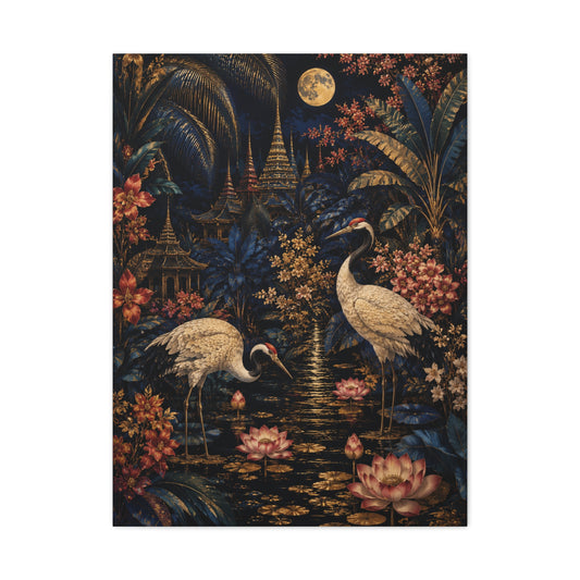 Moonlit Tropical Chinoiserie Crane Garden Tropical Wall Art & Canvas Print