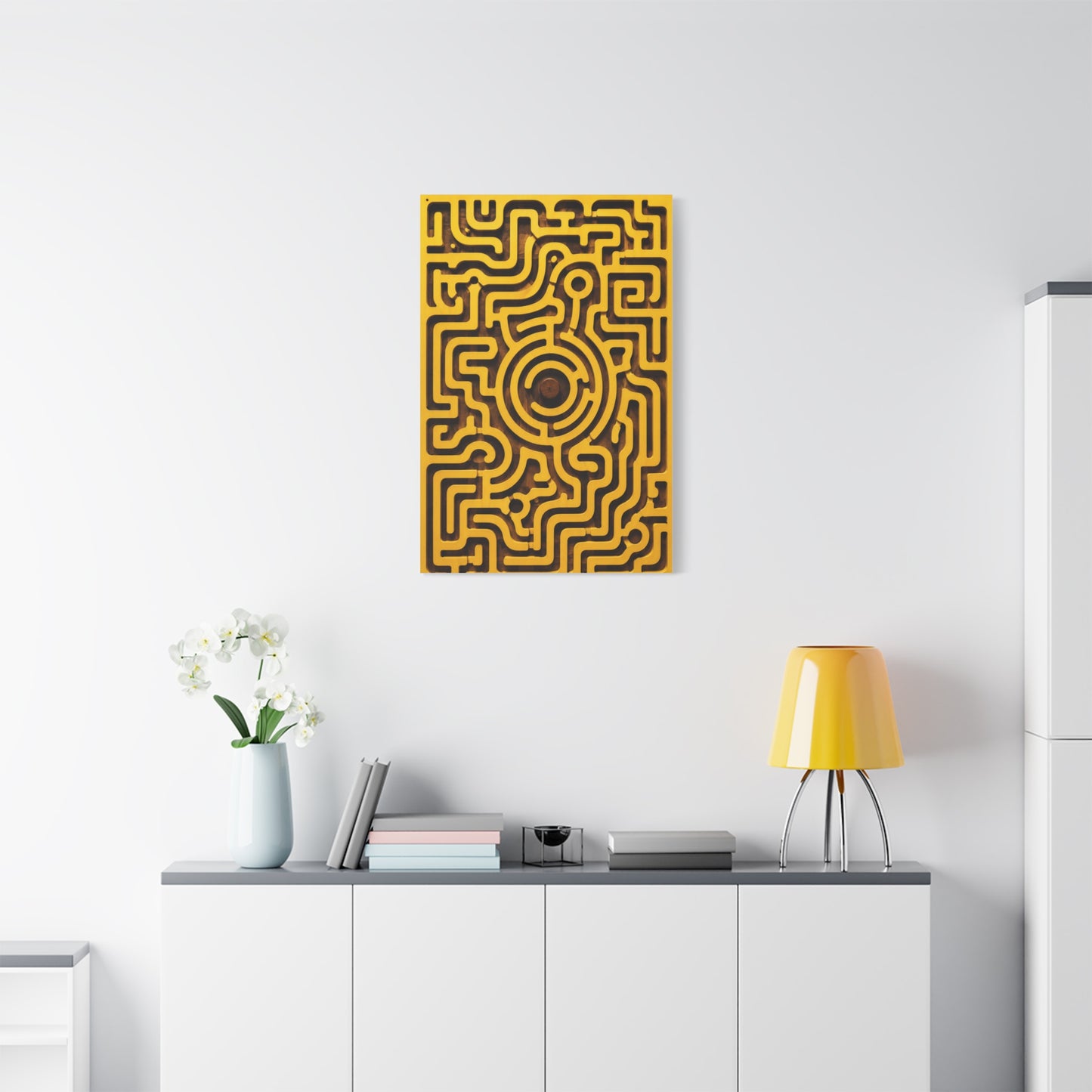 Circular Labyrinth Yellow Relief Design Wall Art & Canvas Print