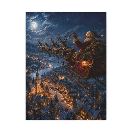 Santa Sleigh Flight Over Snowy Village Wall Art & Canvas Print