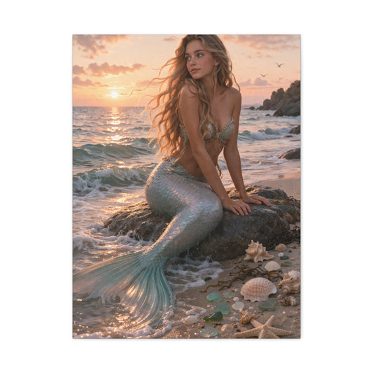 Golden Sunset Shore Mermaid Wall Art & Canvas Print