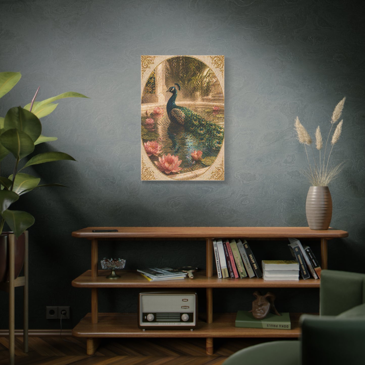 Lotus Pool Peacock Reflection Wall Art & Canvas Print