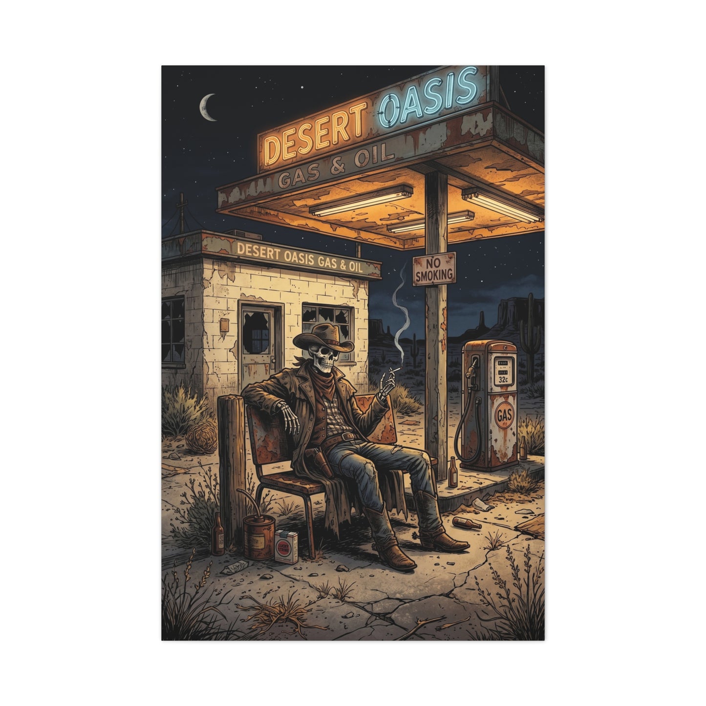 Desert Oasis Skeleton Cowboy Scene Wall Art & Canvas Print