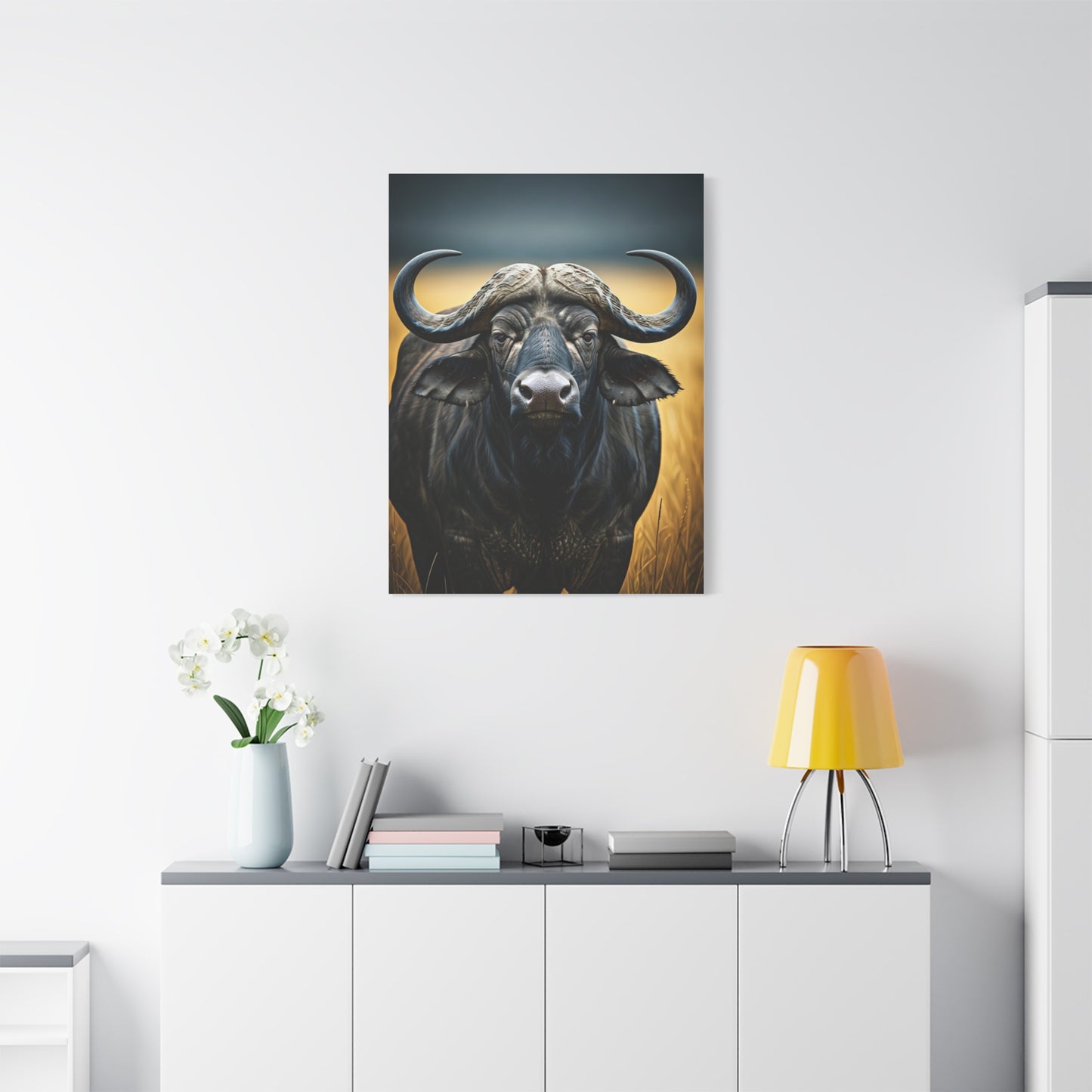 Cape Buffalo Symmetrical Portrait with Golden Backlight Wall Art & Canvas Print