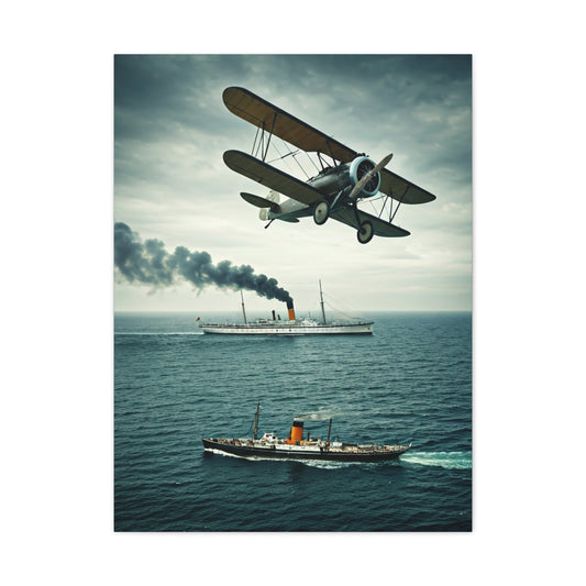 Vintage Biplane Over Open Sea Wall Art & Canvas Prints