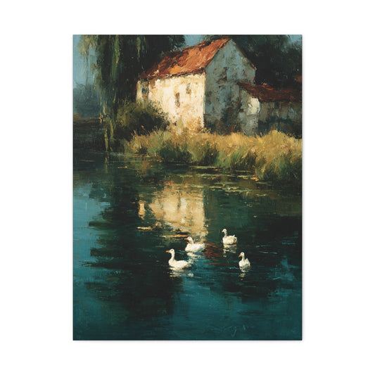 Farmhouse Pond with Ducks Reflection Wall Art & Canvas Print