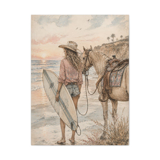 Surf Cowgirl Beach Horizon Scene Wall Art & Canvas Print