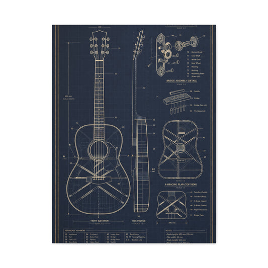 Acoustic Guitar Technical Blueprint Wall Art & Canvas Print