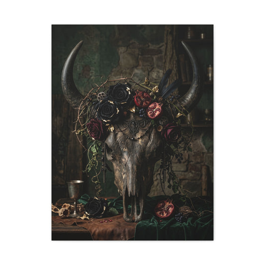 Western Gothic Bull Skull Floral Still Life Wall Art & Canvas Print