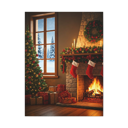 Cozy Christmas Fireplace Evening Wall Art & Canvas Print